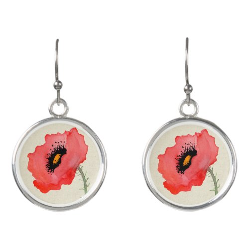 Red Poppy Flower Bloom Watercolor Floral Poppies Earrings