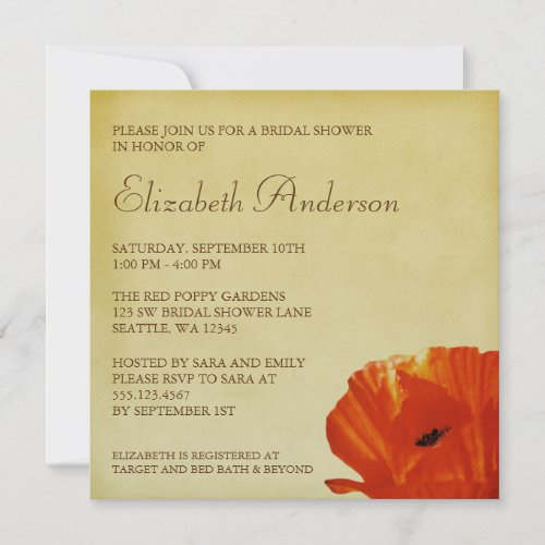 Red Poppy Flower Blossom Bridal Shower Invitation