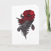 Red Poppy Flower Botanical Line Art Greeting Card