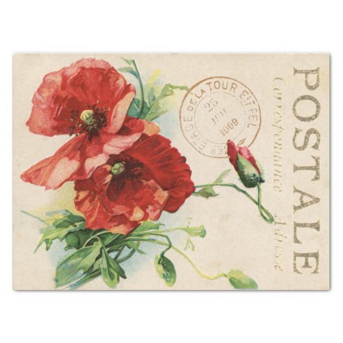 Red Poppy Flower Carte Postale French Decoupage    Tissue Paper