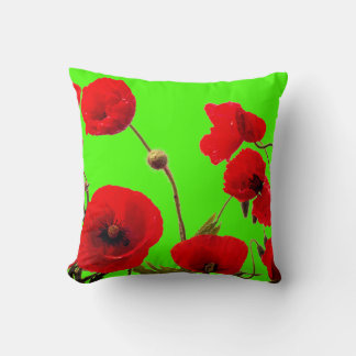 Red Poppy Flower Colorful Bright Neon Green Floral Throw Pillow