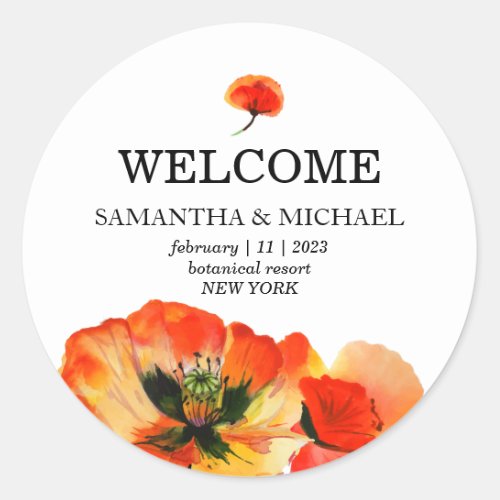 Red Poppy Flower Drawing Welcome Wedding Classic Round Sticker