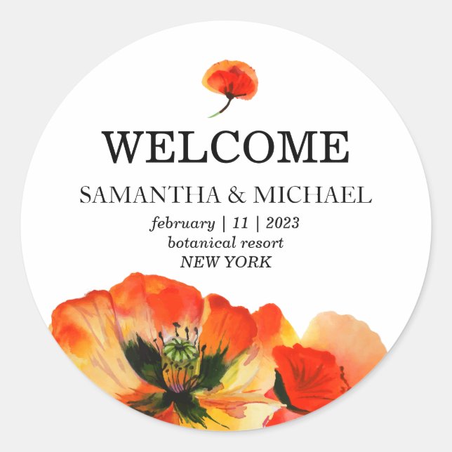 Red Poppy Flower Drawing Welcome Wedding Classic Round Sticker (Front)