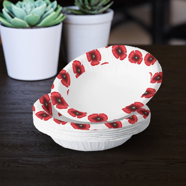 Red Poppy Flower Edge Red and White Floral Paper Bowls (Pop your popcorn into these pretty poppy paper bowls. Perfect for picnics in the park)
