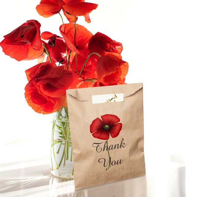 Red Poppy Flower Elegant Thank You Kraft Favor Bag (Say thank you with a poppy and pop your gifts into these pretty floral favor bags)