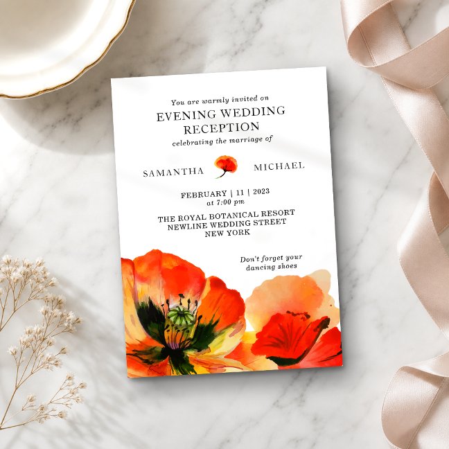 Red Poppy Flower Evening Wedding Reception Invitation