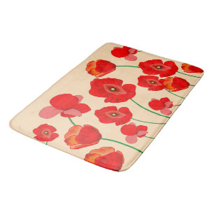 Red Poppy Flower Field on beige background Bath Mat