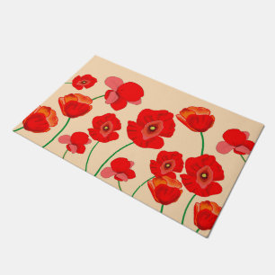 Red Poppy Flower Field on beige background Doormat