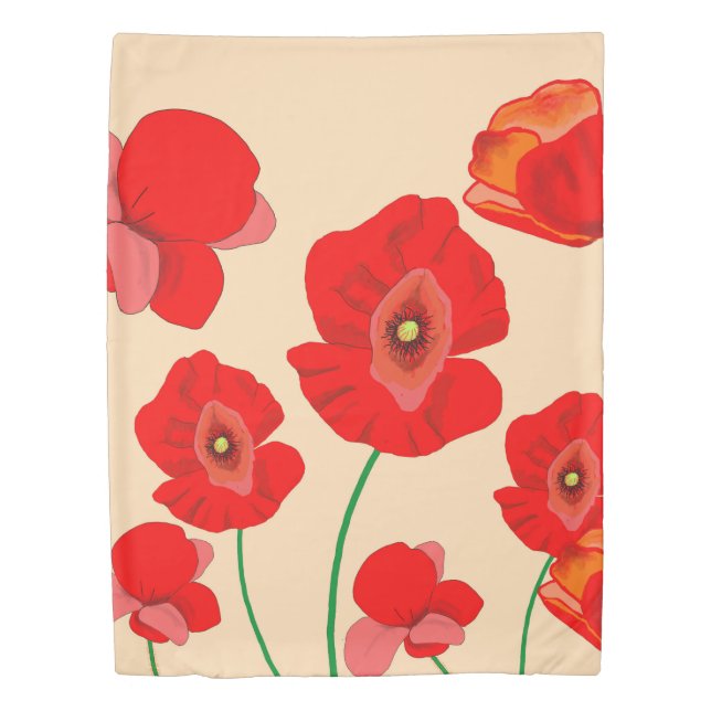 Red Poppy Flower Field on beige background  Duvet Cover (Front)