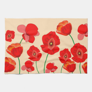 Red Poppy Flower Field on beige background Kitchen Towel