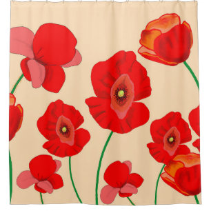 Red Poppy Flower Field on beige background Shower Curtain