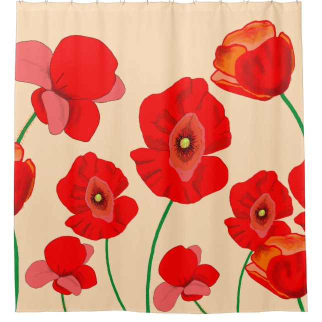 Red Poppy Flower Field on beige background   Shower Curtain (Front)