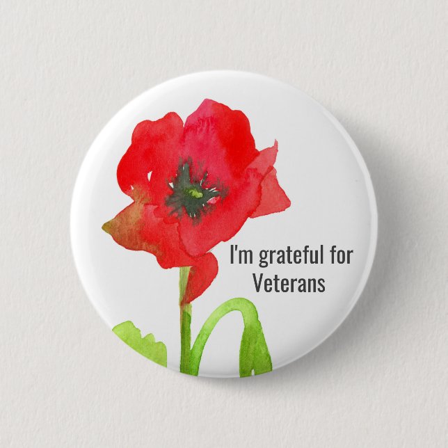 Red Poppy Flower Grateful For Veterans Button (Front)
