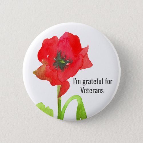 Red Poppy Flower Grateful For Veterans Button