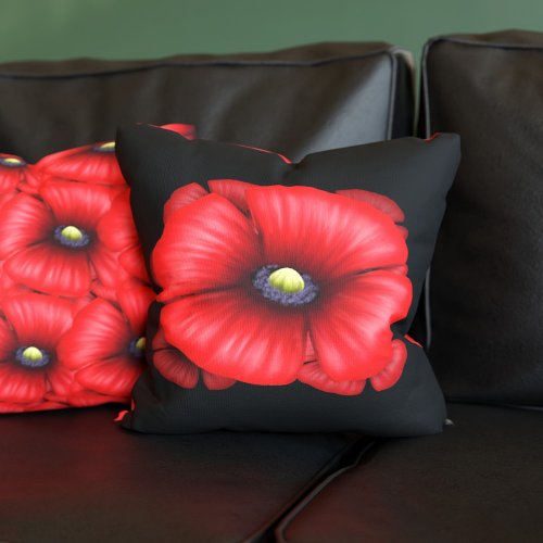 Red Poppy Flower on Black Double Sided Throw Pillow