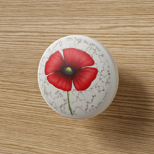 Red Poppy Flower on Faux Marble Ceramic Knob