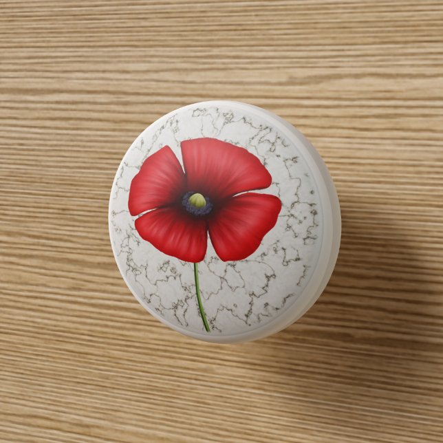 Red Poppy Flower on Faux Marble Ceramic Knob (Pop a poppy ceramic knob on your cupboard. Perfect!)