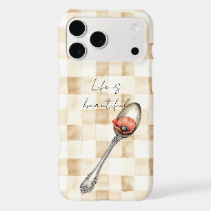 Red Poppy Flower on Spoon Cream Plaid Stripes iPhone 17 Pro Max Case