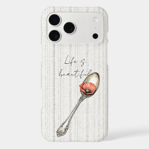 Red Poppy Flower on Spoon Grey Cream White Stripes iPhone 17 Pro Max Case