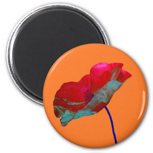 Red poppy flower on warm orange magnet