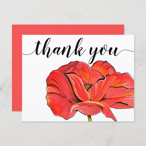 Red Poppy Flower Painting Elegant Script Thank You Card