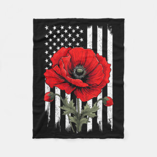Red Poppy Flower Patriotic Flag USA Memorial Day Fleece Blanket