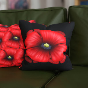 Red Poppy Flower Pattern Black Throw Pillow