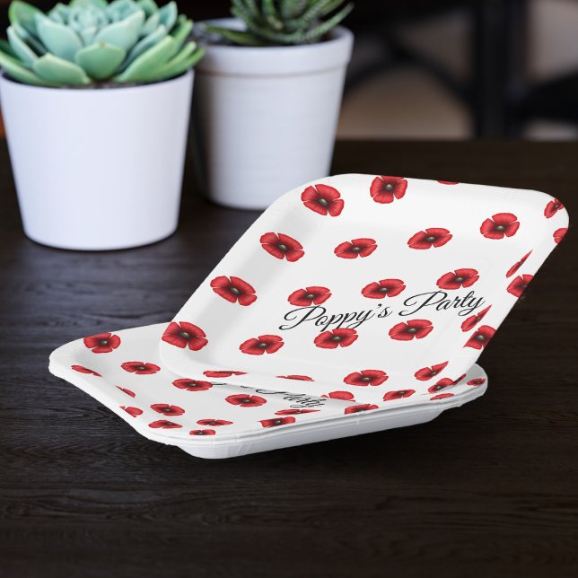 Red Poppy Flower Pattern Custom Party Paper Plates (Perfect poppy patterned paper plates for picnics in the park. Just add your name )