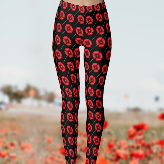 Red Poppy Flower Pattern Floral Leggings (Poppy pattern leggings to pop on when you feel like a pop of color in your life)