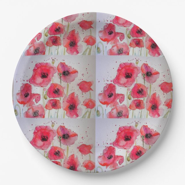Red Poppy Flower Pattern Paper Party Plate (Front)