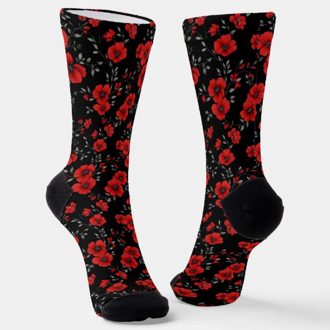 Red Poppy Flower Pattern Socks (Angled)