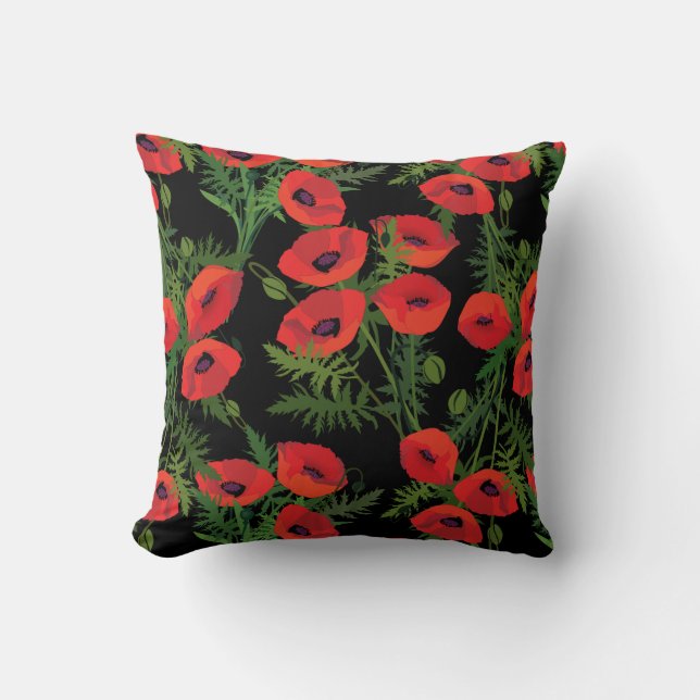 Red Poppy Flower Pattern Throw Pillow (Front)