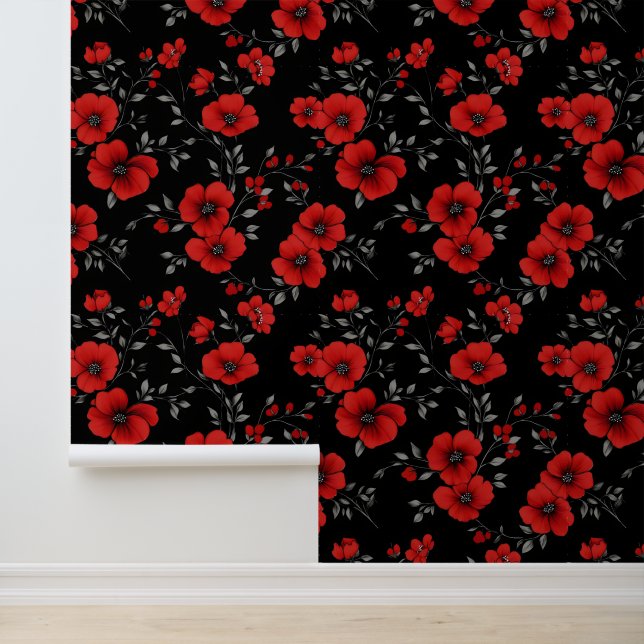 Red Poppy Flower Pattern Wallpaper (Application)