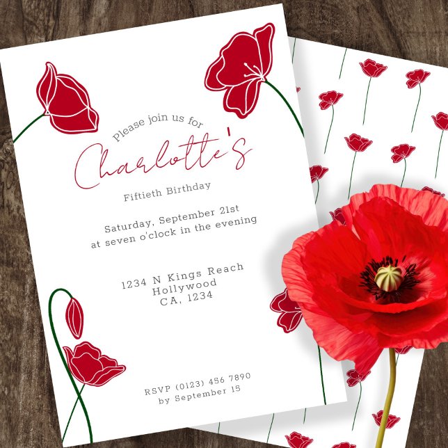 Red Poppy Flower Personalized Party Invitation (Red Poppy Flower Personalized Party Invitation by Ricaso. Ideal for occasions including birthdays)
