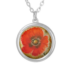 Red poppy flower silver plated necklace