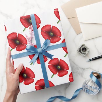 Red poppy flower single stem wrapping paper