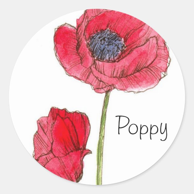 Red Poppy Flower Watercolor Botanical Art Classic Round Sticker (Front)