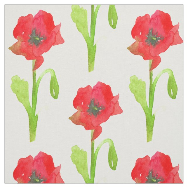 Red Poppy Flower Watercolor Fabric (Swatch)