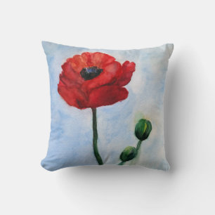 Red Poppy Flower Watercolor Throw Cushion