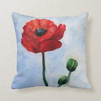 Red Poppy Flower Watercolor Throw Cushion