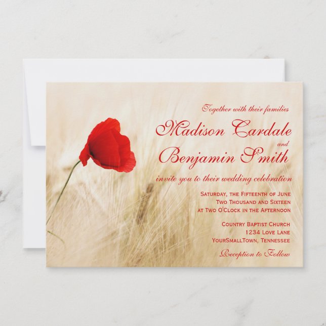 Red Poppy Flower Wheat Field Wedding Invitations (Front)