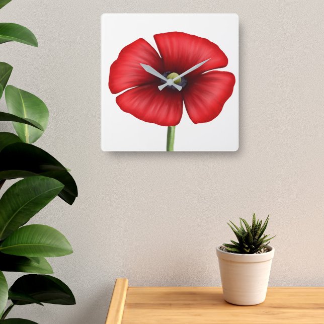 Red Poppy Flower White Square Wall Clock (Pop a poppy clock on your wall today!)