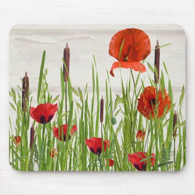 red poppy flower with cattails mouse pad (Front)
