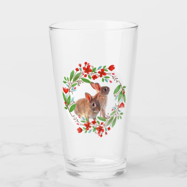 Red Poppy Flower Wreath with Bunny Rabbits Easter Glass (Front)