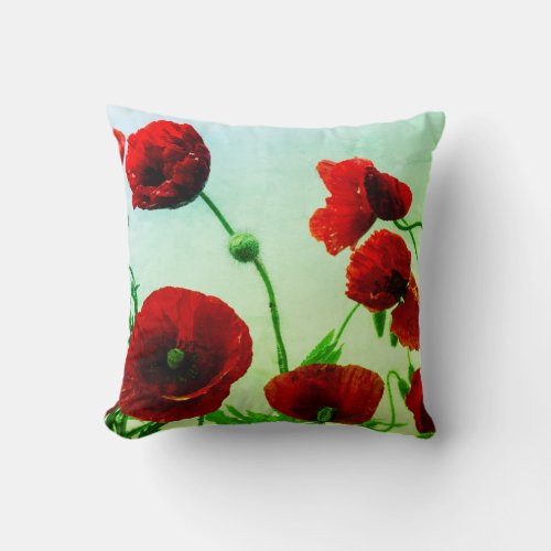 Red Poppy Flowers Abstract Colorful Artistic Green Throw Pillow