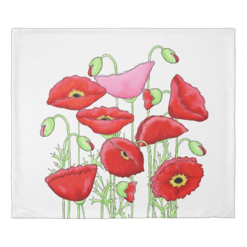 Red Poppy Flowers and Buds Decorative White Duvet Cover