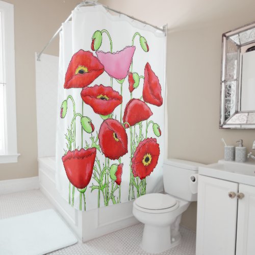 Red Poppy Flowers and Buds Decorative White Shower Curtain