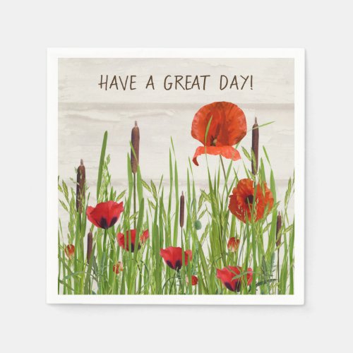 red poppy flowers and cattails napkins