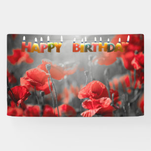 Red Poppy Flowers and Happy Birthday Candles Banner