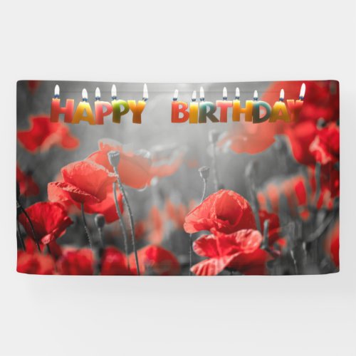 Red Poppy Flowers and Happy Birthday Candles   Banner